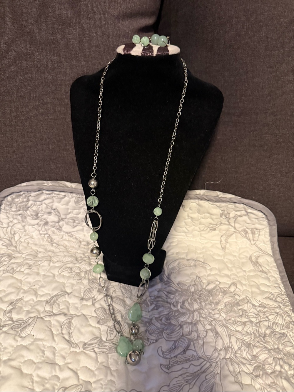 Long Green Beaded Statement Necklace and Earrings- Elegant Silver Accents